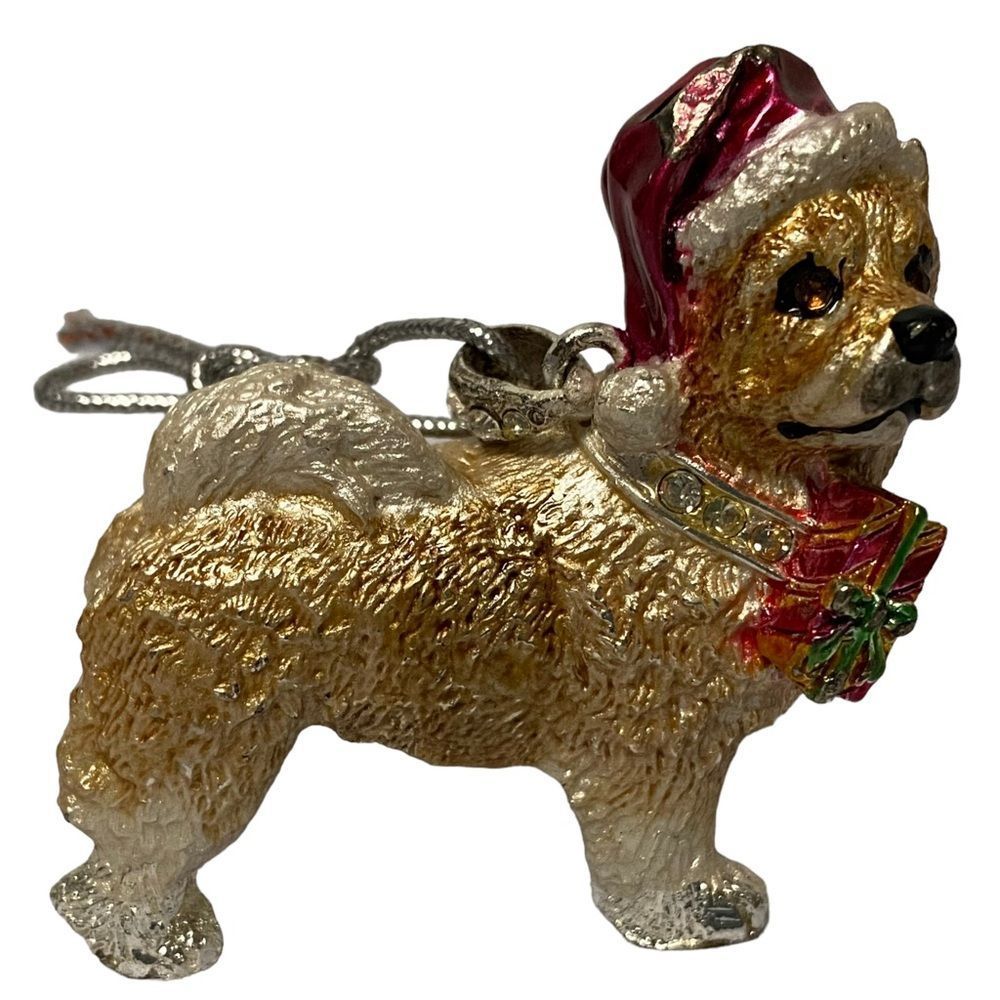 Dog Terrier Red Hat Rhinestone Necklace Gift Enamel Christmas Ornament